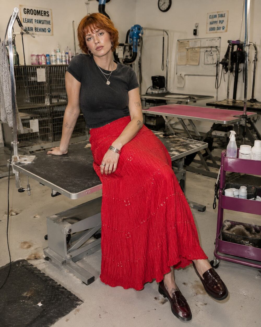 Choices Red Crinkle Tiered Maxi Skirt Sequin Detail